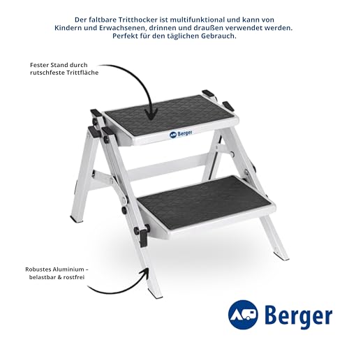 BERGER Trittleiter 2 Stufen klappbar | zusammenklappbar mit Rutschfester Gummimatte | Trittstufe Wohnwagen Tritt 2 Stufen | Tritthocker bis 150 kg belastbar (Aluminium)