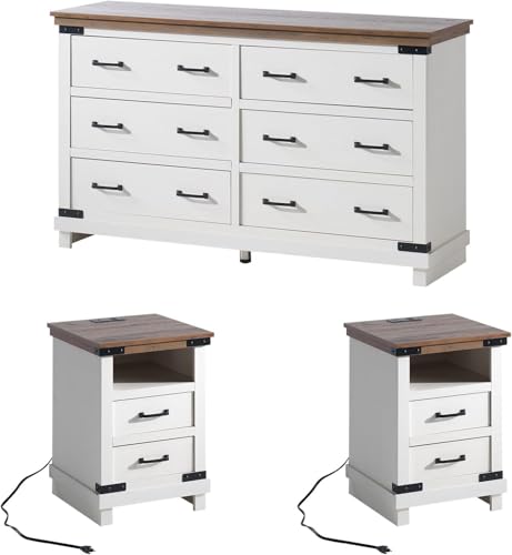 AMERLIFE 3 Pieces Farmhouse Bedroom Furniture Set, 6 Drawer Dresser Chest, Nightstand Set of 2 with Charging Station, Rustic Wood, Storage Organizer for Bedroom, Living Room, Antique White