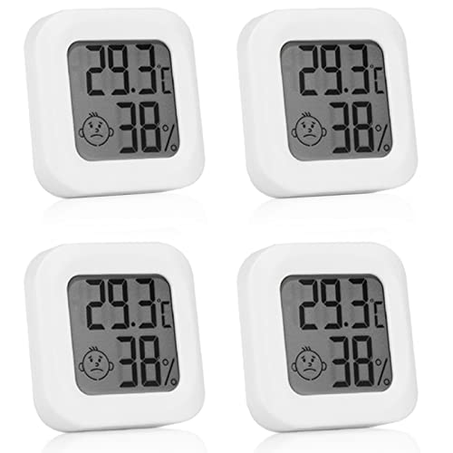 Delamiya Digitales Thermometer & Hygrometer, 4 Stück Mini LCD Thermometer Innen, Luftfeuchtigkeitsmesser Tragbares zum Senkrecht oder Hängend, Raumthermometer mit Hohen Genauigkeit für Heim Büro, Weiß