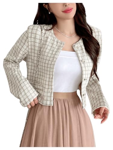 OYOANGLE Women's Plaid Button Down Tweed Jackets Long Sleeve Casual Crop Coat Outerwear