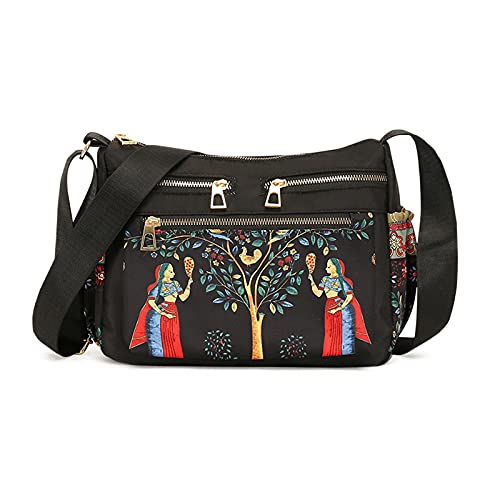 Sac bandoulière femme en nylon multi-poches avec motif arbre