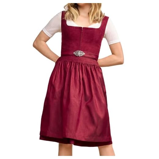 Krüger Dirndl Evi 60cm Länge Ton-in-Ton | Elegantes Cord-Dirndl Reißverschluss | Dirndlschürze mit Schließe | Damen (DE/NL/SE/PL, Numerisch, 36, Regular, Regular, weinrot)
