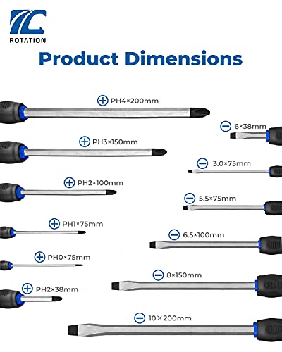 Magnetic Screwdriver Set 12 Pcs With Black Tips, 6 Phillips And 6 Flat Head Screwdrivers, With Go-Thru Steel Blades, High Torque For Fastening And Loosening (Black Tip_Matt Blade) #TOP5