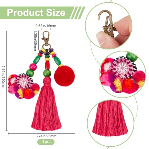 Beebeecraft Boho Keychain Red Tassel Bag Charm Pompom Wood Bead with Swivel Clasp Pendant Decoration Hanging Ornament for Women Gift - Image 2