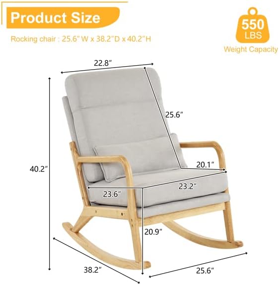Rocking Chair, Upholstered Chair, Nursery Chair with High Backrest Wood Legs, Rocking Accent Armchair for Living Room Bedroom Nursery, Modern Rocking Accent Chairs for Nursery, Living Room, Bedroom