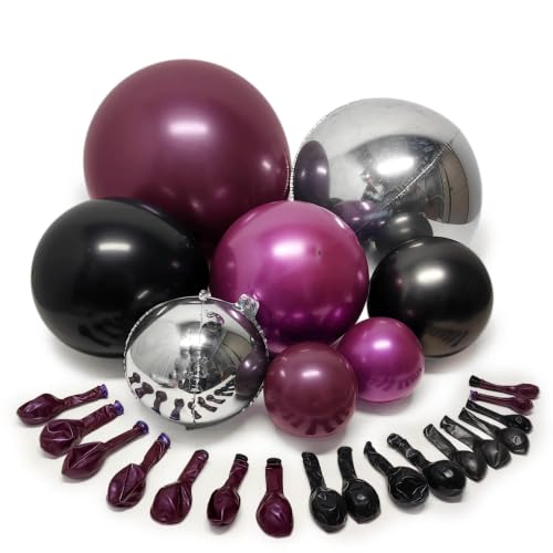 Image of Double Stuffed Black Purple Balloon Arch 4D Silver Round Foil Balloon Kit | Plum Black Silver Balloon Garland For Wednesday Halloween Vampire Gothic Birthday Graduation Prom Party Decoration