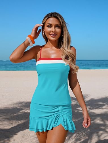 Image of ZAFUL Colorblock Bandeau Tankini Swimsuits for Women 2 Piece Tummy Control Bathing Suit Drawstring Ruffle Swim Skort