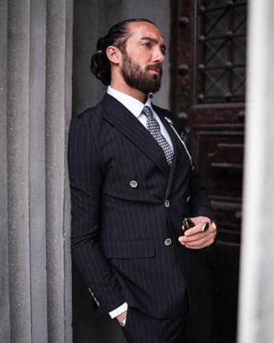 HUUTOE Pinstripe Suit for Men Gomez Addams Costume 2 Piece Slim Fit-Double Breasted Suits Blazer&Pant Wedding Formal Tux2