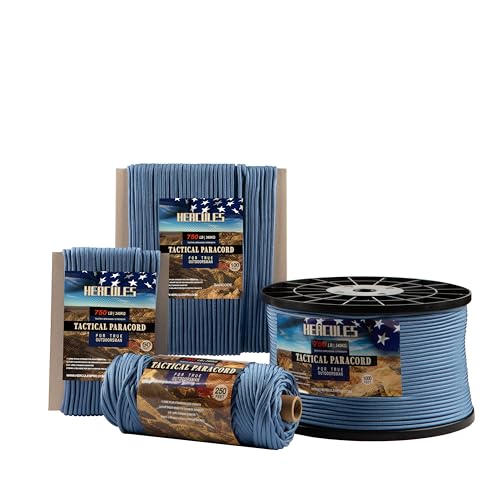 HERCULES 750lb Paracord 4mm 11 Strands Tactical Parachute Cord, 50' 100' 250' 1000' Utility Rope for Camping, Survival, Outdoor Gear (Blue Grey, 100FT)