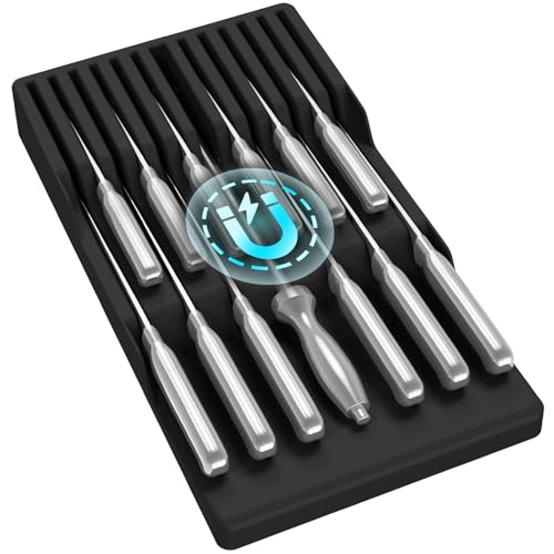 Lifewit Magnetischer Messerhalter Schublade für 12 Messer Messer Organizer mit Rutschfestem Boden Messerblock leer aus Kunststoff Messereinsatz Schubladeneinsatz 42 x 23 x 5 CM Schwarz