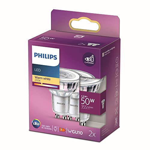 Philips ampoule LED Spot GU10 50W Blanc Chaud, Verre, Lot de 2