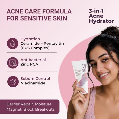 Image of SEN-Z Acne Care Moisturizer for Sensitive & Acne Prone Skin | Oil-Free, Non-Comedogenic Face Moisturizer with 5 Ceramides, Niacinamide, Hyaluronic Acid & Pentavitin | 72Hr Hydration, Barrier Repair & Fast Absorbing Gel Cream | 50g