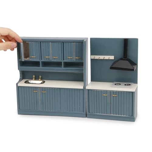 Dollhouse Kitchen Set Miniature Wooden Furniture Cabinet Dining Room Kitchen Kit 1/12 Scale Wooden Dollhouse Accessories (Style-A-Blue)
