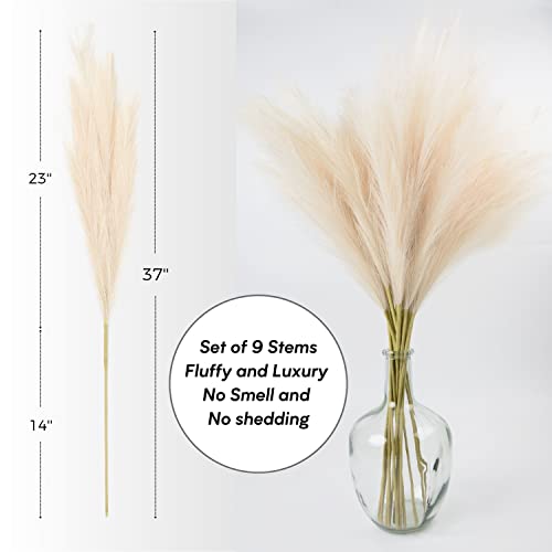 Qubitful Faux Pampas Grass, 9 Pcs 37''/3.1Ft Tall Fluffy Fake Pompas Floral, Large Artificial Pompous Grass Branches For Floor Vase Fillers, Boho Farmhouse Room Wedding Decor #TOP2