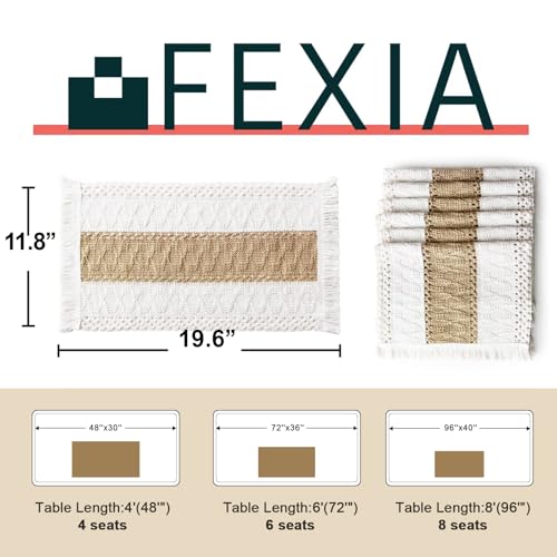FEXIA Boho Placemats Set of 6, Macrame Table Decor Farmhouse Style Placemats in Natural Cotton Burlap, for Kitchen and Dining Table Centerpiece Home Decorations（Beige & Brown）