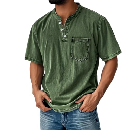 Mokaloha Mens Shirts, Men's Retro Stand Collar Casual Pocket Solid Color Short Sleeve Henley Shirt