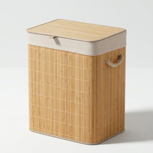 Image of Kura by Ekhasa Laundry Basket with Lid 60L, Bamboo Laundry Basket for Clothes, Foldable Laundry Hamper Basket with Removable Laundry Bag for Bedroom Bathroom Clothes Storage