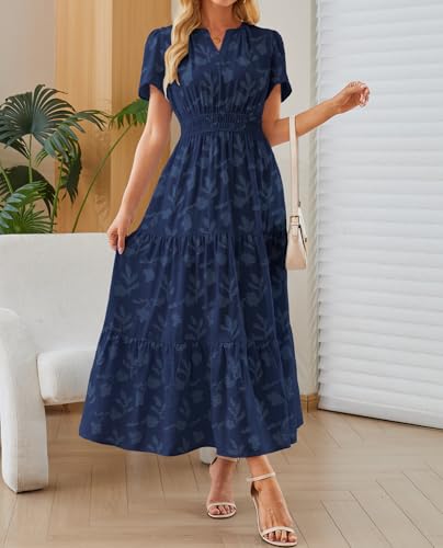 Image of Women's Maxi Dresses Boho Burnout V Neck Short Puff Sleeve Smocked Empire Waist Long Wedding Guest Semi Formal Dress Pockets