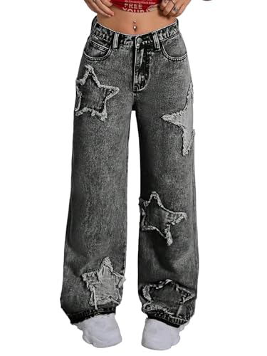 Y2K Girls' Vintage Washed Jeans with Distressed Star Patches, Baggy High Waisted Denim Pants for Teens 13-16 Years Black