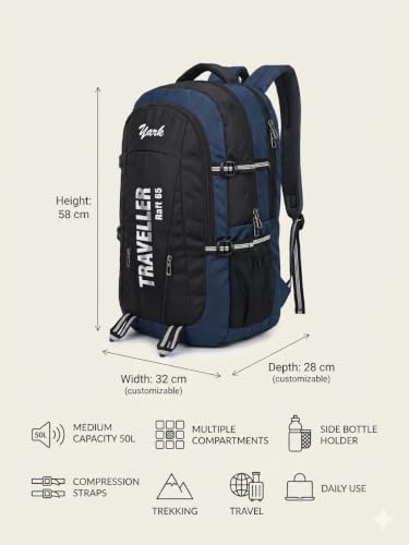 Image of Stylbase 50 Litre Rucksack Bag for Men & Women, 4 Compartment Trekking Backpack, Hiking Travel Bag for Camping, Trekking & Tourist Trips