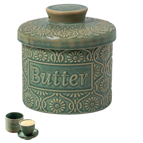 Mantequilla francesa, cerámica, redonda, 250 g campana de mantequilla, recipiente de mantequilla de porcelana, vintage, con tapa para conservar mantequilla fresca, suave y lista para consumir