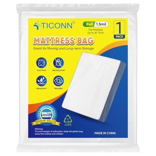 Image of TICONN 1PK Plastic Mattress Bag for Moving Storage, Waterproof Mattress Protector Cover, Heavy-Duty Mattress Moving Supplies (1.5 mil, Full)