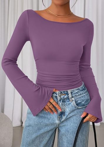 Image of PRETTYGARDEN Women Long Sleeve Shirt 2025 Crop Casual Boat Neck Bell Sleeve Ribbed Ruched Y2K Clothing