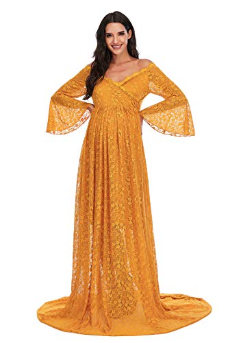 Ziumudy Lace Maternity Floral Off Shoulder Photography Gown Flared Long Sleeve Maxi Photo Shoot Wedding Dress (Mustard Yellow, X-Large) #TOP28