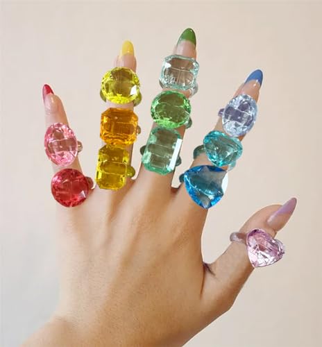 NLR FUN 50 PCS Kunststoff Acryl Ringe, Mehrere Formen Bunte Diamantringe, für Party Gastgeschenke | Preis Karneval Spielzeug | Goodie Bag | Geburtstag für Mädchen/Kinder