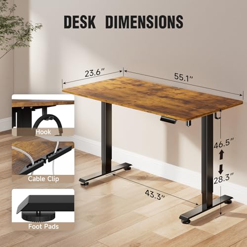 Image of Veken 55 Inch, Height Adjustable Sit Stand Up, Wood Desktop, Work Home Office Computer PC Table, Tall Standup Workstation, Gaming Writing Study Bedroom Rising Desks, Brown