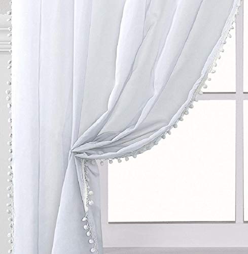 Amania Trading Ltd White POM POM Slot Top Pure Sheer Voile Voiles Children Modern Curtain Panels 36" (91cm) Drop