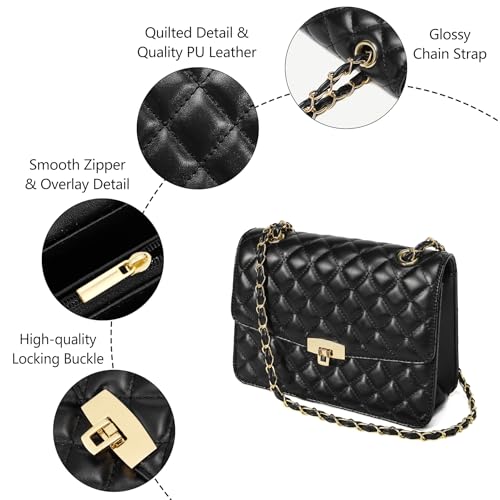 Image of Quilted Leather Crossbody Bags for Women Trendy Ladies Shoulder Purse Satchel HandBag with Chain Strap