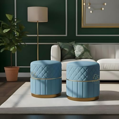 Image of Set of 2 Round Velvet Ottoman Footstool Gold Base - Tufted Upholstered Pouffe Stool for Living Room, Bedroom & Dressing Area (Sky Blue)