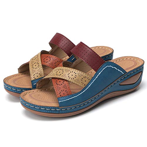 Haoricu Sandal Shoes, Women Premium Orthopedic Open Toe Sandals Vintage Anti-Slip Breathable For Summer (8.5, Blue) #TOP3