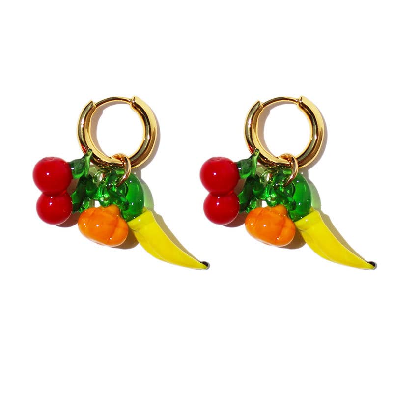 Fun Fruit Dangle Earrings for Women - Glass Cherry, Banana, Pumpkin Charms, 18K Gold - Plated Brass Hoops, Quirky Summer Statement Jewelry with Velvet Box