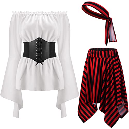 Shihanee Women Pirate Costume Outfits Renaissance Blouse Top Corset Pirate Skirt Medieval Accessories for Halloween Costume(S Size,White)