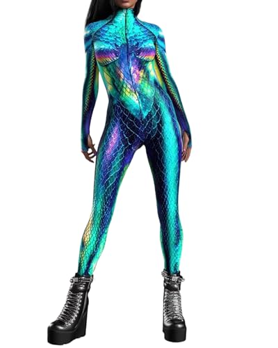 Koongso Damen Tier Halloween Kostüm Jumpsuit Frauen 3D Druck Meerjungfrau Skinny Catsuit Langarm Schlange Bodysuit Einteiler Strampler Einteiler