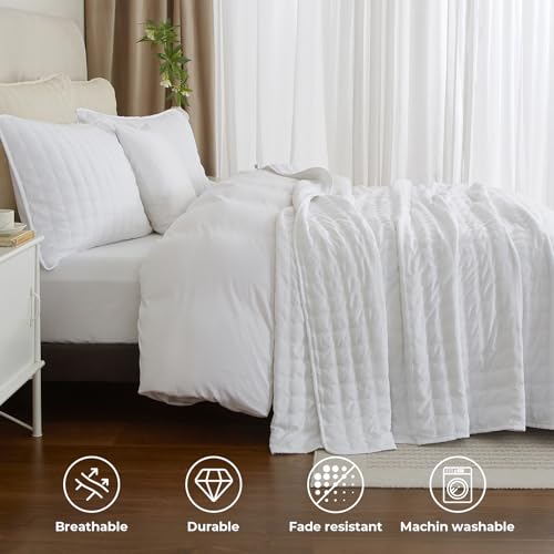Powdion Quilt King Size, Lightweight Soft King Quilt Comforter Coverlet, All Season White Quilt King Size with Pillow Shams, Western Shabby Chic Thin Comforter 3 Pcs 96x106 Bedspread