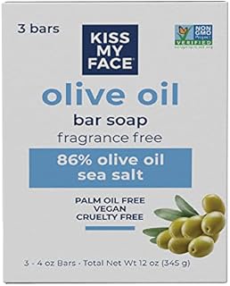 Kiss My Face Olive Oil Fragrance Free Bar Soap, Moisturizing Bar Soap, Cruelty Free Vegan Soap, Palm Oil Free, 4 Oz Per Bar, 3 Pack