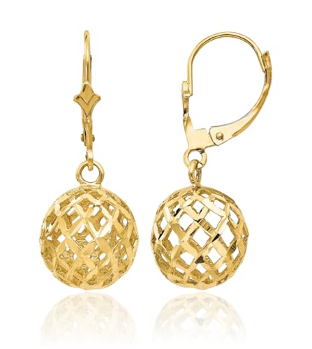 14K Solid Yellow Gold Mesh Ball Drop Dangle Earrings