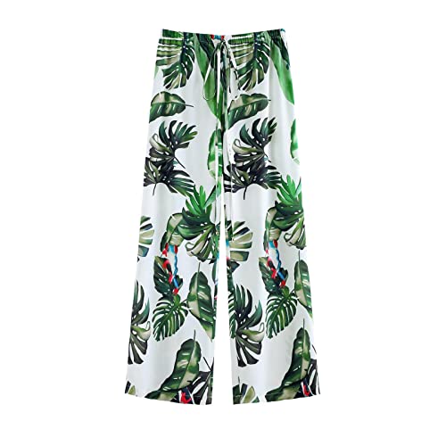 NGTEVOOS Palm Leaves Printed Boho Pants for Women Harem Smocked Waist Yoga Hippie Palazzo Beach Pants Casual Wide Leg Pants Green