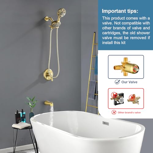 Tub and Shower Faucet Set Complete Dual Shower Head and Handheld 2 in 1 Combo Set Shower System with Tub Spout Tub and Shower Trim Kit Brushed Gold by DIFEINI - Used condition - Image 2