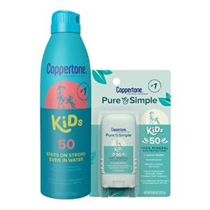 Coppertone Kids Sunscreen Spray SPF 50 + Pure and Simple Kids Sunscreen Stick SPF 50 Bundle, Zinc Oxide Mineral Sunscreen (5.5 Oz Spray + 0.49 Oz Stick)
