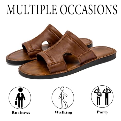 Image of Men's Leather Cutout Slides Sandals Comfortable Lightweight Open Toe Anti-Slip Soft Bottom Slip On Slippers Summer Outdoor Casual Beach Sandals