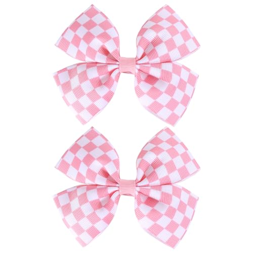 Lazo de coleta de 4 pulgadas con cinta de grogrén estampada rosa y blanca estilo cuadros de carreras