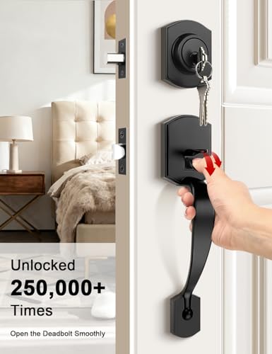 Image of Tinewa Camelot Trim Lower Half Entry Handleset and Deadbolt Set Matte Black, Upgated Entry Door Handle with Door Knob for Electronic Keypad, Black Front Door Lock Set