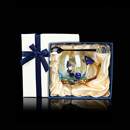 Vos Risus Glass Coffee Mug Enamels Butterfly Rose Lead-Free Handmade Tea Cup With Steel Spoon Birthday Present Mothers Day Valentines Day Thanksgiving Christmas Gifts (Blue Short) #TOP5