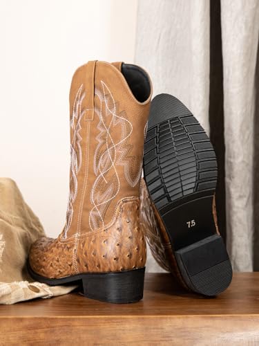 Image of Western cowboy boots, ostrich leather, embroidered design, brown, mid-calf, men's antique ostrich embossed exotic western boots round head.