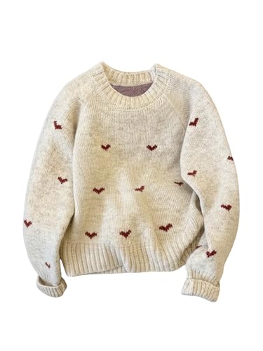 GORGLITTER Women's Heart Sweater Casual Crew Neck Long Sleeve Loose Fit Knit Sweaters Pullover Top Apricot Small