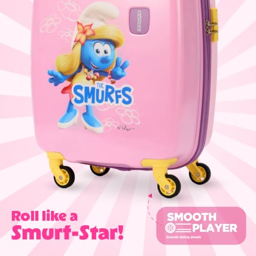 Image of American Tourister Smurfs 53 CM Small Suitcase with Combination Non TSA Lock & 4 Wheels Hard-Sided PC Cabin Luggage /Trolley Bag for Travel /Luggage Bag with Spinner Wheels for Travel- Pink /Purple
